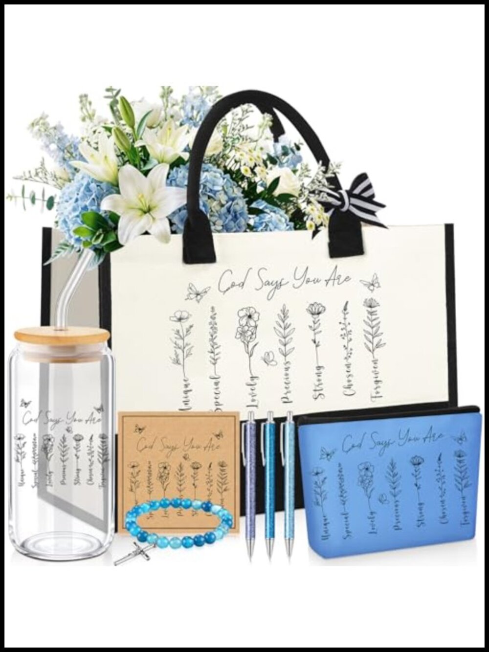 8 Pc Christian Gift Set Tote Bag Makeup Bag Glass Cup Bracelet Pens